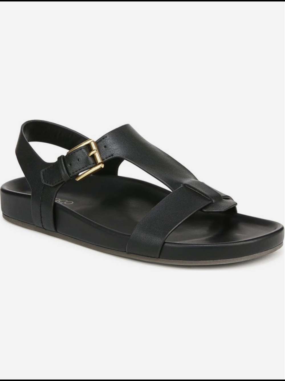 Franco Sarto BELLAMY Black Leather T-Strap Sandals with Gold Buckle size 7 NWOT
